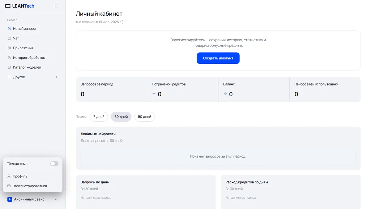 Стартовый экран платформы: выбор нейросети TextCortex без VPN